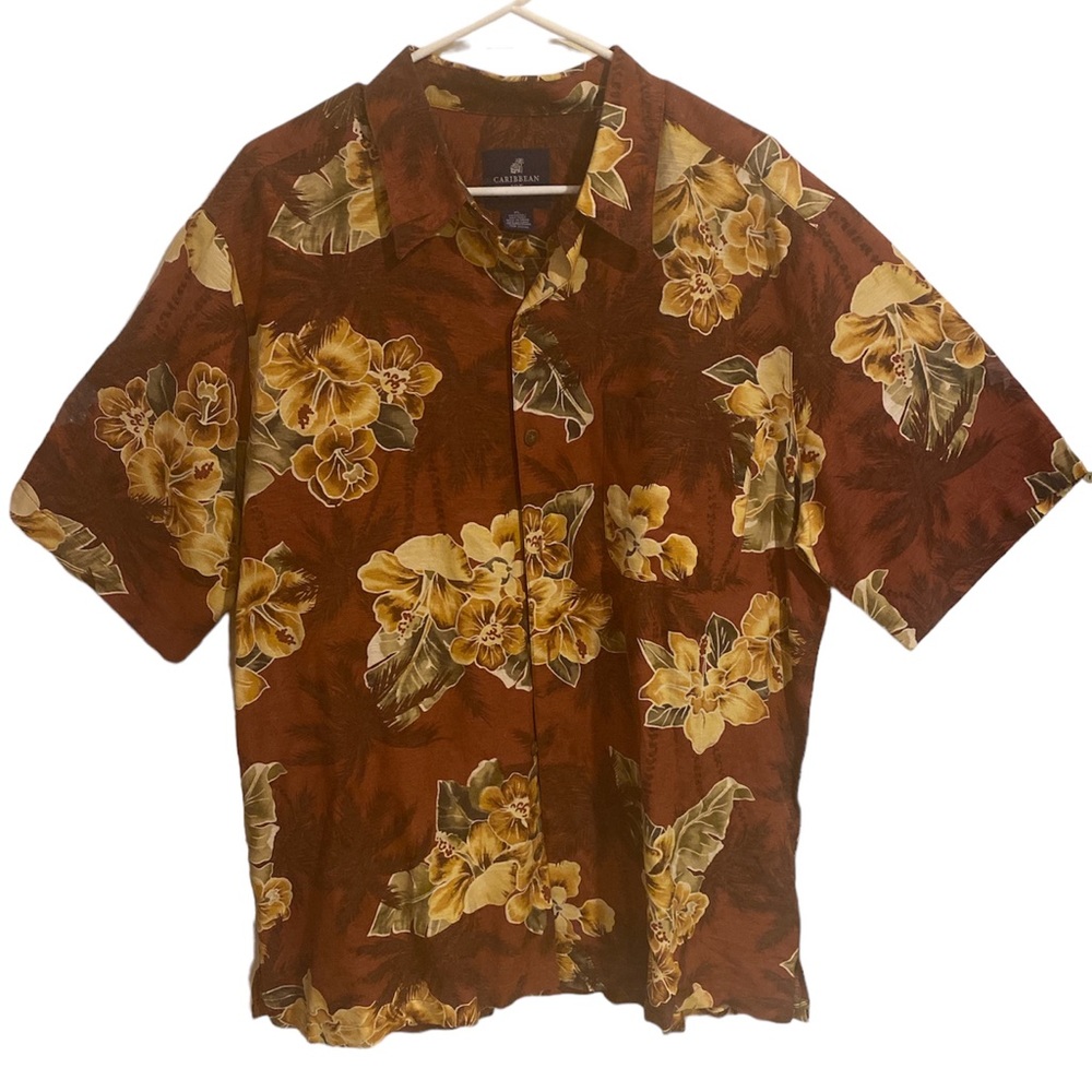 Caribbean Joe Tropical Button down Shirt 100% Silk size XL